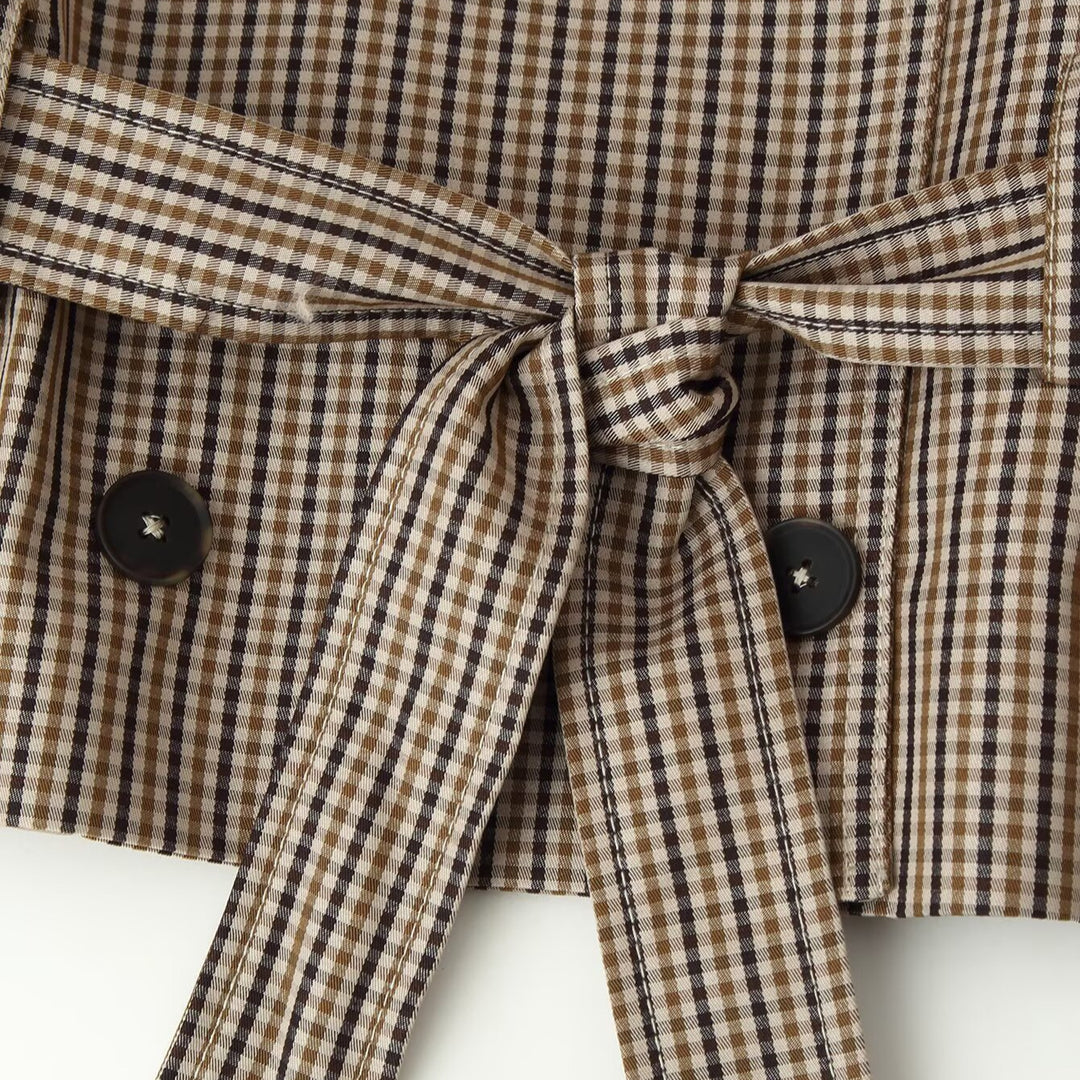 Damen Cropped Doppelreihige Karo‑Trenchjacke mit Taillenbindegürtel und ausgestellten Manschellen Nord Taschen