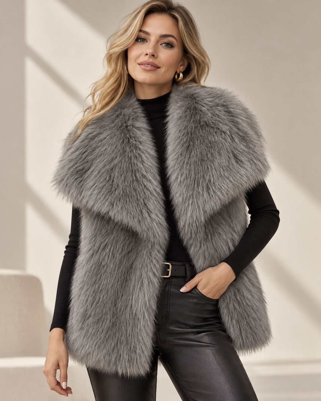 Damen Ärmellose Luxus‑Faux‑Fur‑Weste mit extraweichem Langflor und übergroßem Schalkragen Nord Taschen