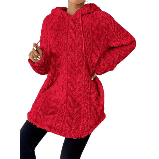 Damen Kuscheliger Teddy-Hoodie mit Zopfmuster Tunnelzug und gerundetem Saum Nord Taschen