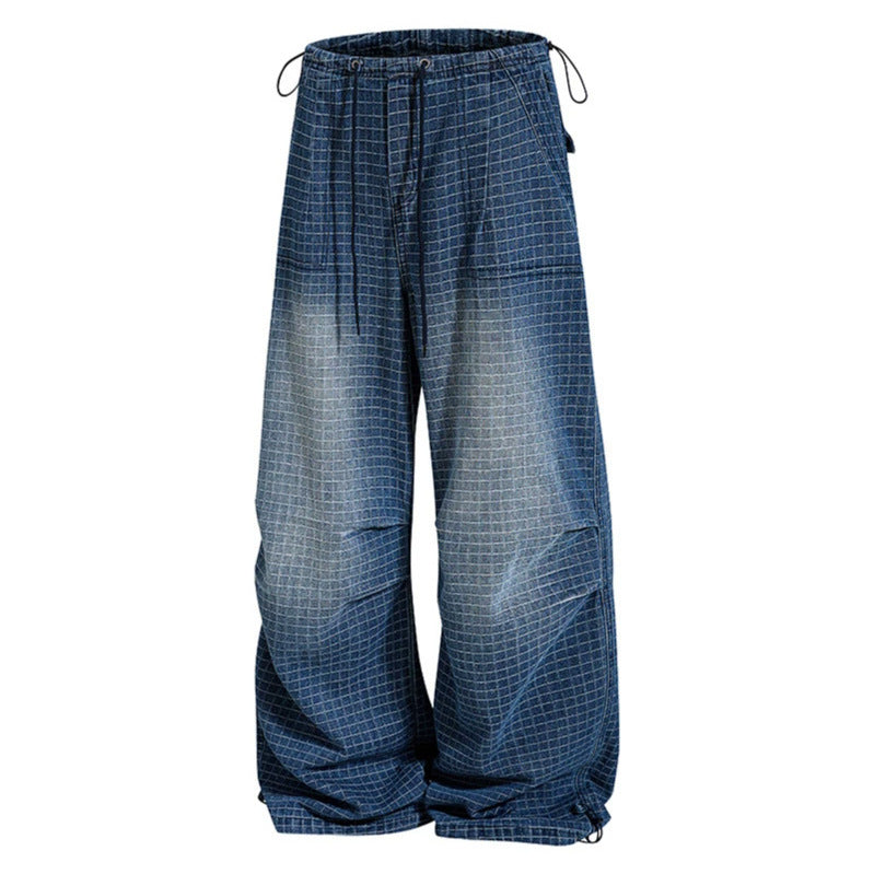 Damen Weite High‑Waist Culotte-Jeans mit Kordelzug, Karomuster und verstellbarem Saum Nord Taschen