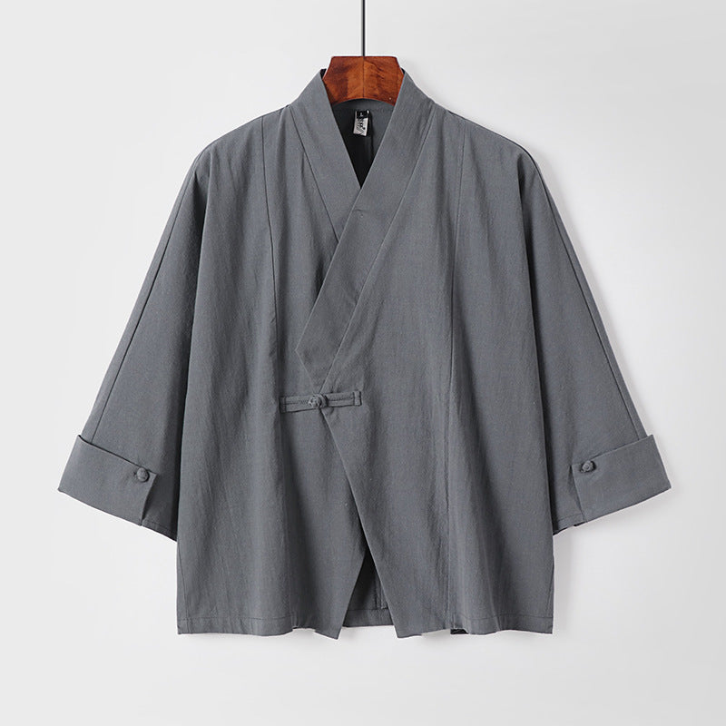Herren Leinen-Kimono-Jacke mit traditionellem Knotenverschluss und mittel-langen Ärmeln Nord Taschen
