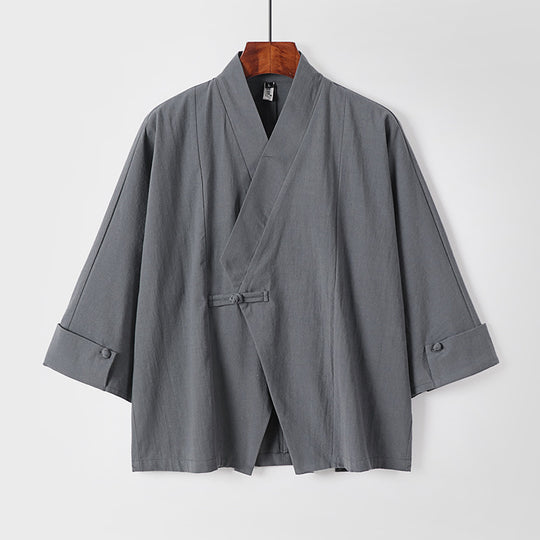 Herren Leinen-Kimono-Jacke mit traditionellem Knotenverschluss und mittel-langen Ärmeln Nord Taschen