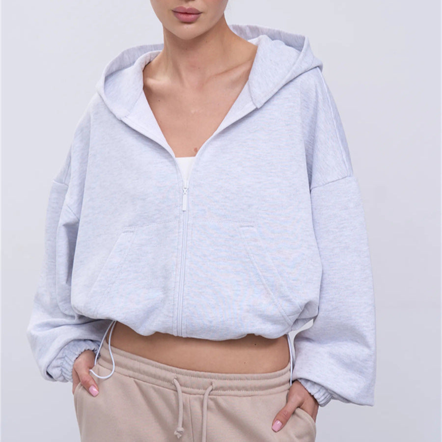 Damen legeres Cropped-Fleece-Hoodie mit Tunnelzugbund, Raglanärmeln und Reißverschluss Nord Taschen