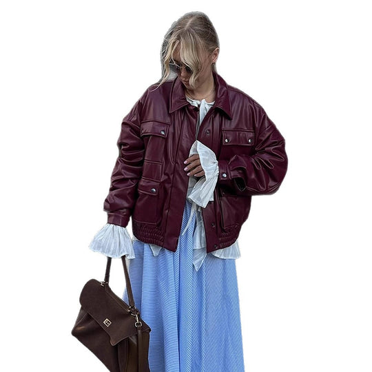 Damen Oversize Kunstlederjacke mit aufgesetzten Druckknopf-Taschen und elastischem Saum Nord Taschen