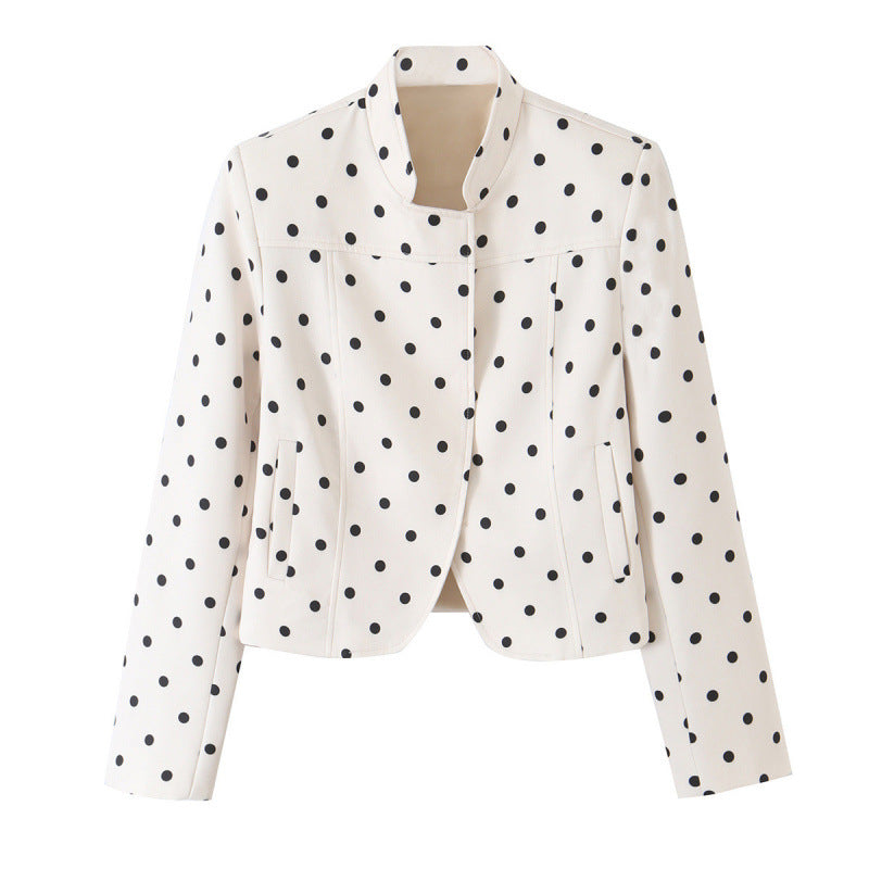 Damen Gepunktete Cropped-Blazerjacke mit Stehkragen und taillierter Passform Nord Taschen