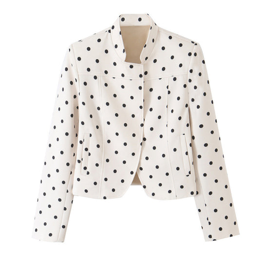 Damen Gepunktete Cropped-Blazerjacke mit Stehkragen und taillierter Passform Nord Taschen