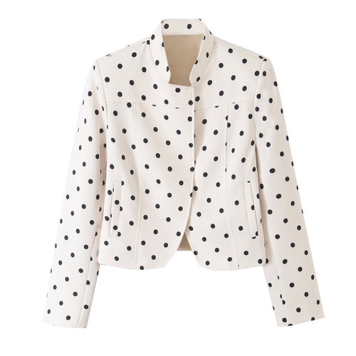 Damen Gepunktete Cropped-Blazerjacke mit Stehkragen und taillierter Passform Nord Taschen