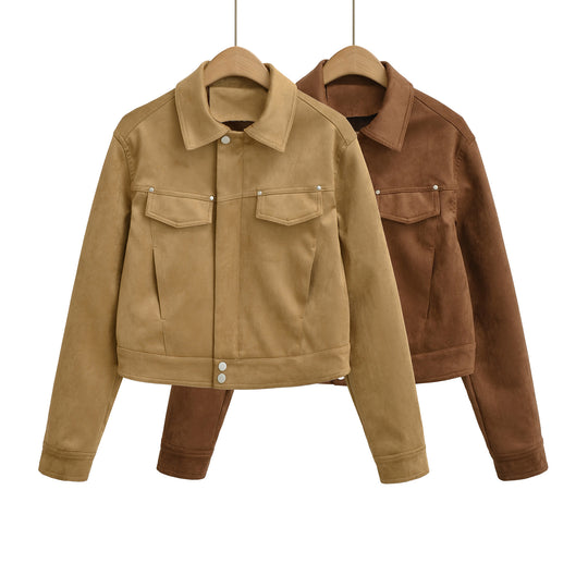 Damen Kurze Velours-Optik Jacke mit Druckknopf-Leiste und aufgesetzten Brusttaschen Nord Taschen