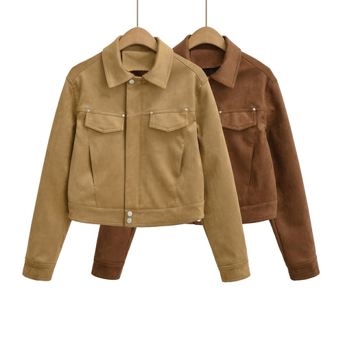 Damen Kurze Velours-Optik Jacke mit Druckknopf-Leiste und aufgesetzten Brusttaschen Nord Taschen
