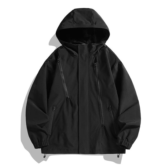 Damen Kurze technische Kapuzenjacke mit asymmetrischen Reißverschlüssen & Kordelzug Nord Taschen