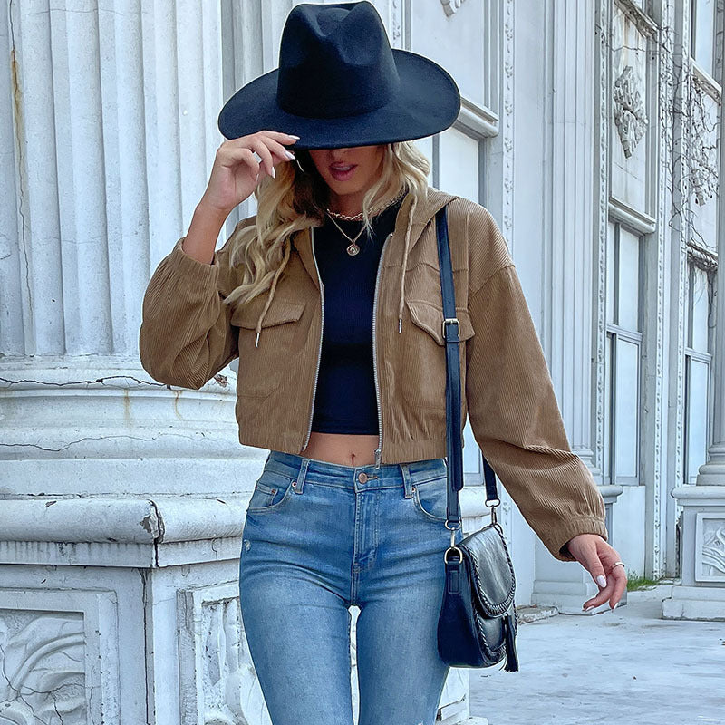 Damen Kurze Cord-Jacke mit Kapuze, Reißverschluss & Brusttaschen Nord Taschen