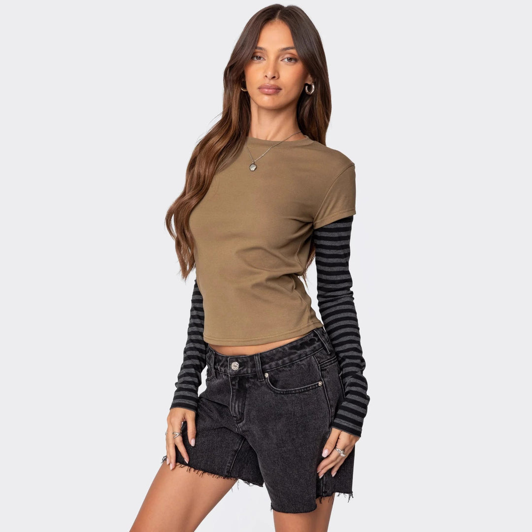 Damen modisches Langarmshirt mit einzigartigen Streifen und kurzem Schnitt Nord Taschen