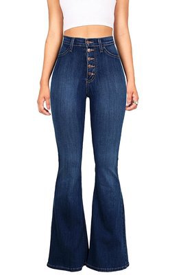 Damen High-Waist Flared Jeans mit dekorativen Knopfdetails und elastischem Bund Nord Taschen
