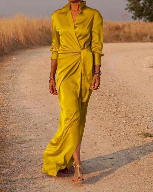 Damen Elegantes Wickel-Maxi-Kleid mit vielseitigem Kragen und seitlichem Schlitz