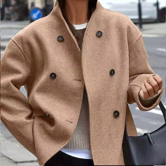 Damen modische Wolljacke mit doppelter Knopfleiste und hohen Kragen