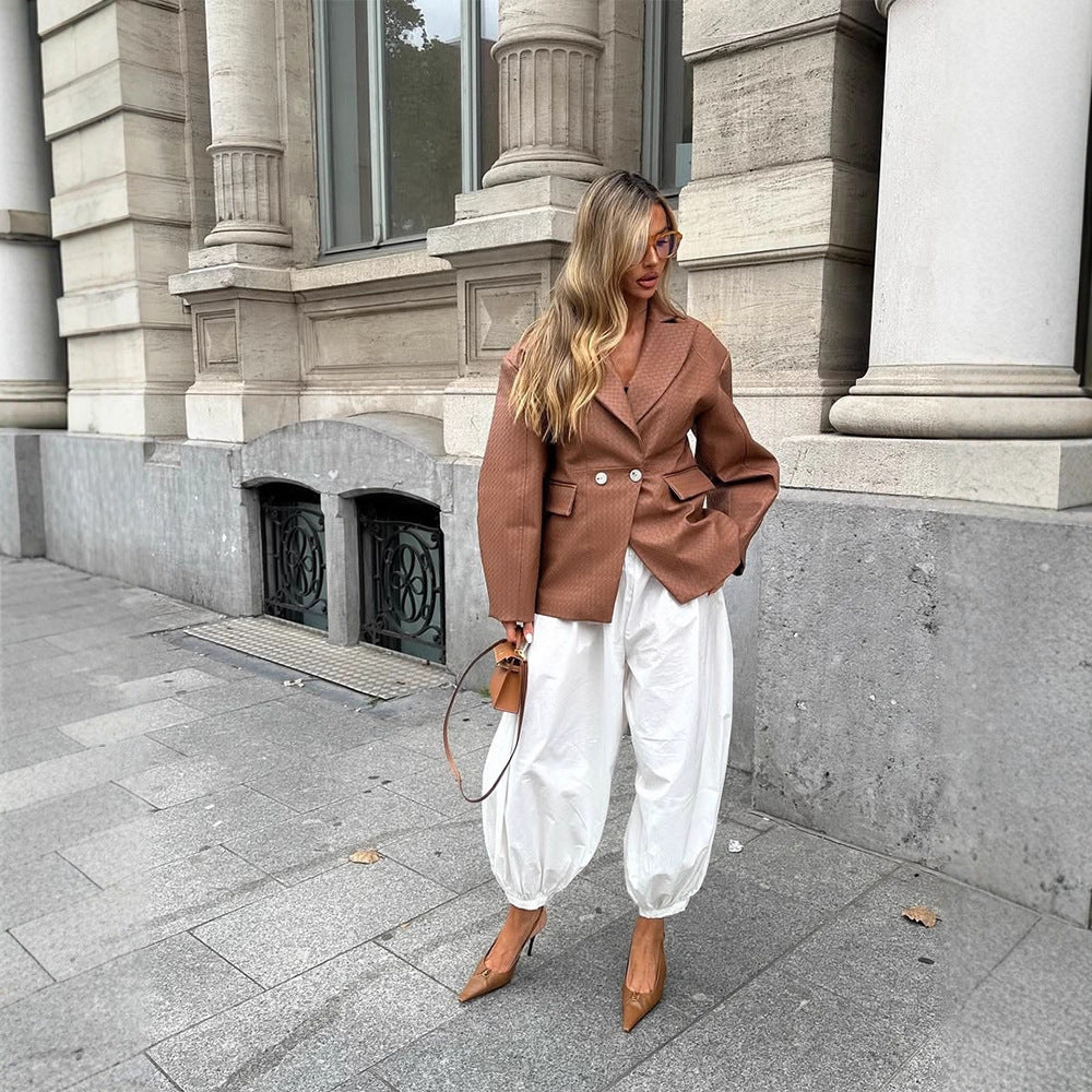 Damen Boxy-Blazer mit taillierter Drapierung und strukturierter Lederimitat-Optik Nord Taschen