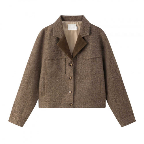 Damen Kurz geschnittene Boxy-Hemdjacke aus Wollmix mit Reverskragen und aufgesetzten Brusttaschen Nord Taschen