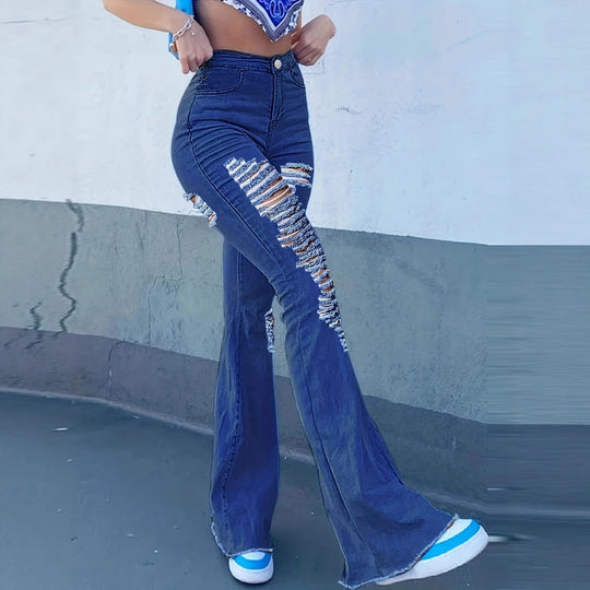 Damen High-Waist Flared-Jeans mit großflächigen Distressed-Rissen und sculptendem Komfortbund Nord Taschen