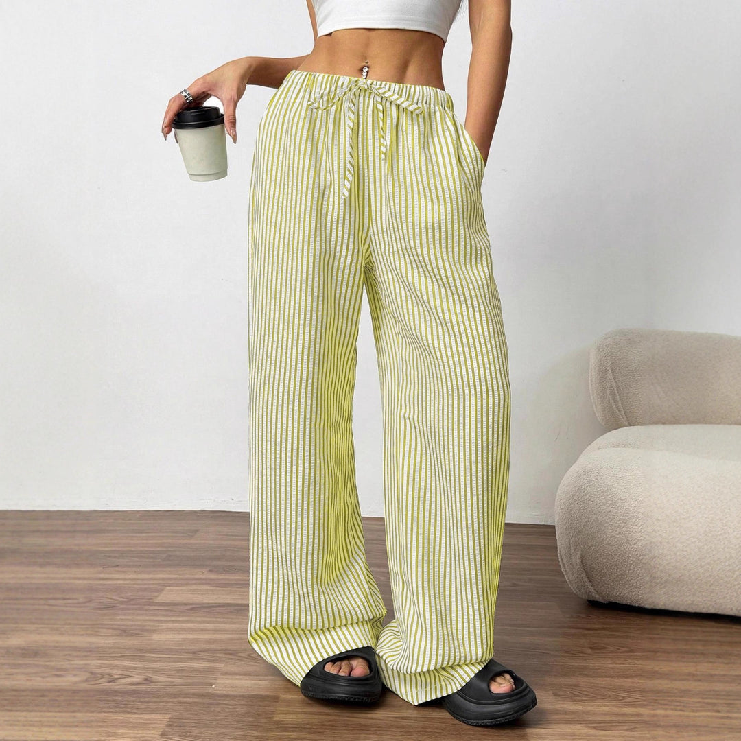 Damen Weite Highwaist-Hose mit Tunnelzug Streifen-Leinenoptik und Eingrifftaschen Nord Taschen