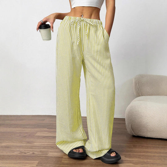 Damen Weite Highwaist-Hose mit Tunnelzug Streifen-Leinenoptik und Eingrifftaschen Nord Taschen