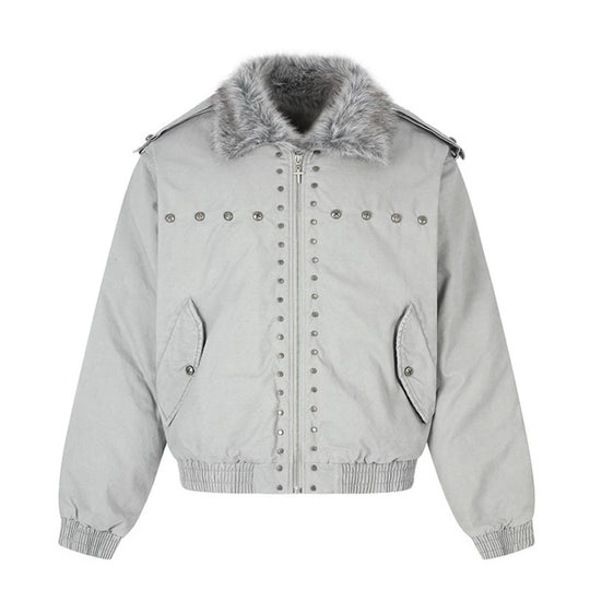 Damen wattierte Bomberjacke mit Kunstfellkragen, Nietenapplikation und Schulterklappen Nord Taschen