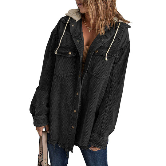 Nord Taschen | Jacke mit Kapuze Oversized Fit Cord-Textur Knopfverschluss Fransenrand