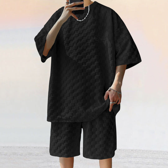 Unisex nan übergroßes Freizeit-Set aus strukturierter Waffelqualität mit Rundhalsausschnitt und locker sitzender Bermudashorts