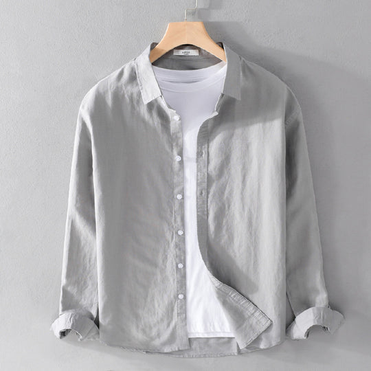 Herren Leinenmix-Layering-Overshirt mit Kentkragen, gerundetem Saum und Soft‑Touch Nord Taschen