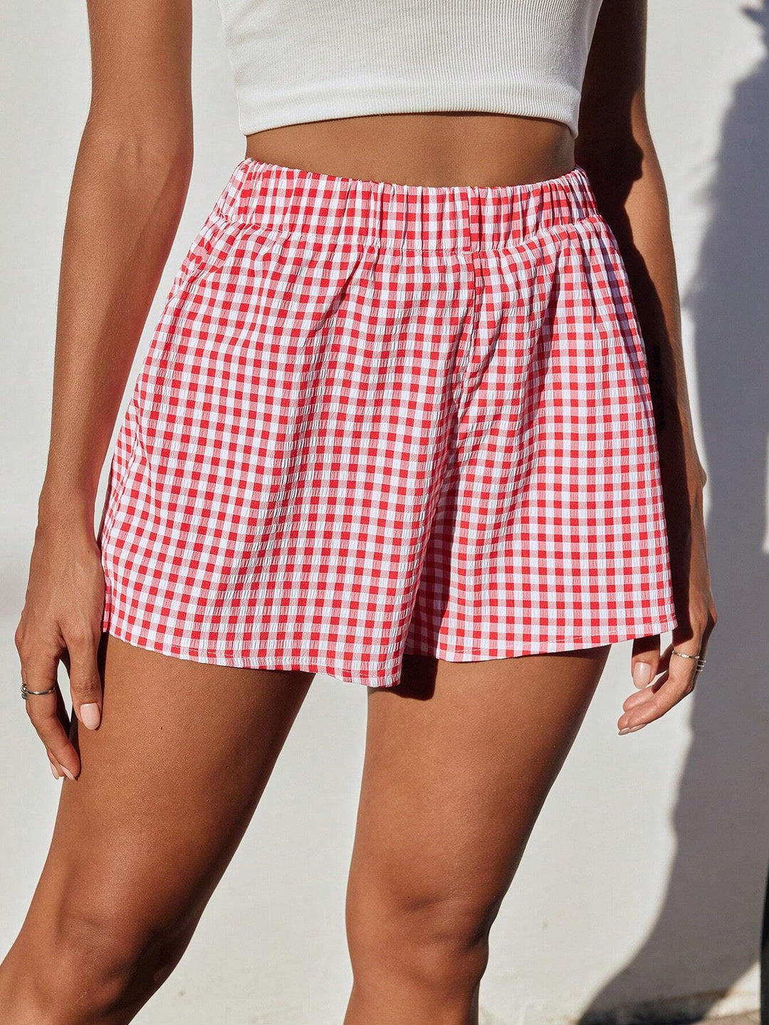 Damen luftige Karoshorts mit elastischem Bund und seitlichen Taschen Nord Taschen
