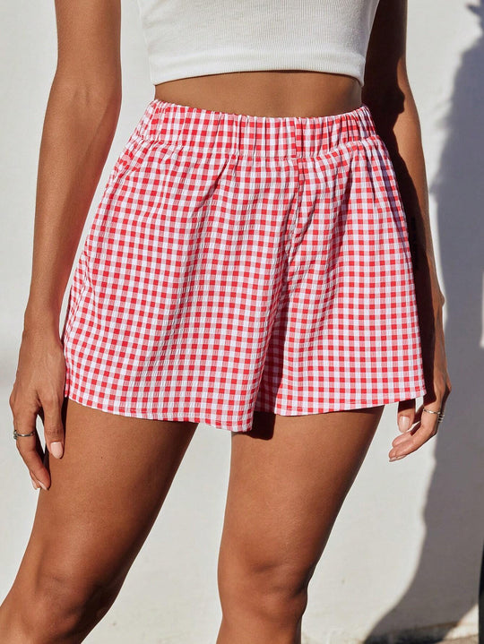 Damen luftige Karoshorts mit elastischem Bund und seitlichen Taschen Nord Taschen