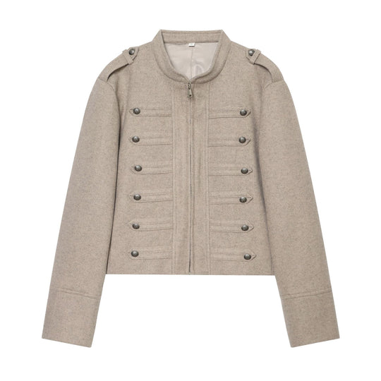 Damen Militärinspirierte Wolljacke mit Stehkragen, dekorativen Zierknopfreihen und Reißverschluss Nord Taschen
