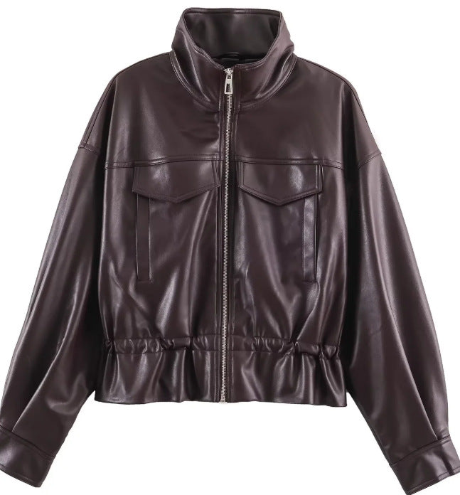 Damen Cropped Kunstleder‑Blouson mit Stehkragen, Pattentaschen und Tunnelzugtaillierung Nord Taschen