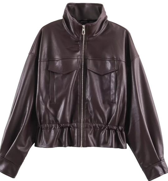 Damen Cropped Kunstleder‑Blouson mit Stehkragen, Pattentaschen und Tunnelzugtaillierung Nord Taschen