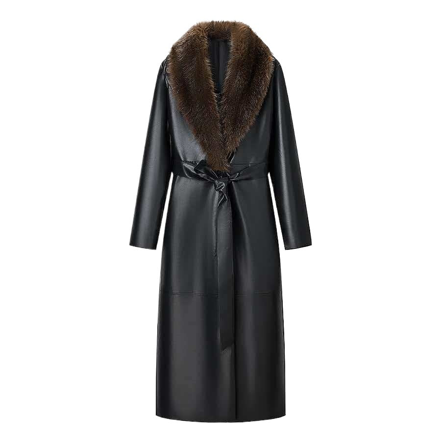 Damen Langer Ledermantel mit abnehmbarem Fellkragen und minimalistischer Silhouette Nord Taschen