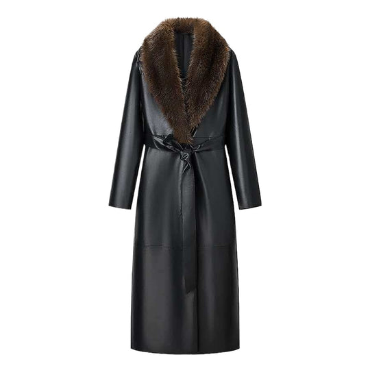Damen Langer Ledermantel mit abnehmbarem Fellkragen und minimalistischer Silhouette Nord Taschen