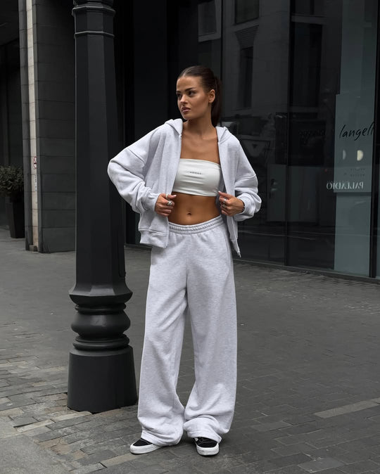 Damen extraweites Relaxed-Fleece-Set mit überlanger Kapuzenzipjacke und fließender Hose mit hohem Bund Nord Taschen
