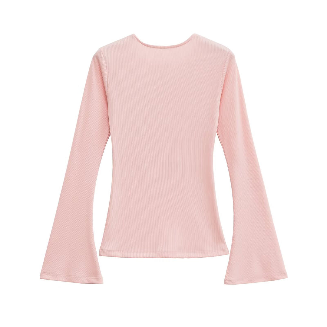 Damen Figurbetontes Rippshirt mit Carmenausschnitt und ausgestellten Schlagärmeln Nord Taschen