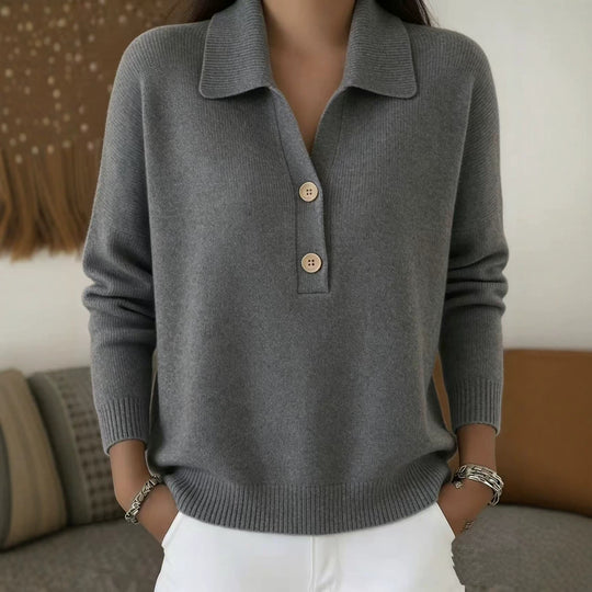 Damen lässiger Feinstrickpullover mit Polokragen und Zwei-Knopf-Leiste Nord Taschen