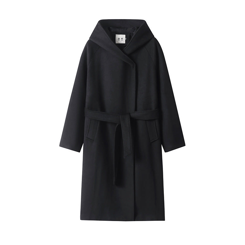 Damen Maxi-Mantel mit überzogener Kapuze, Bindegürtel und minimalistischer Wollmix‑Silhouette Nord Taschen