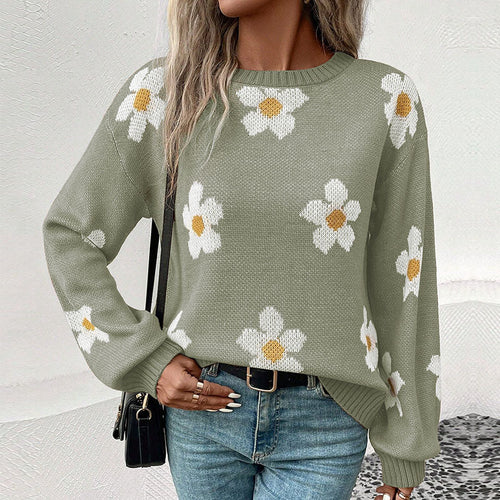 Damen Gemusterter Strickpullover mit Blumenmotiv Nord Taschen