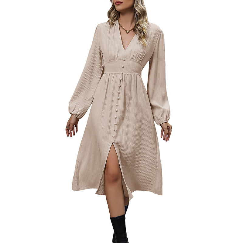 Damen Midikleid mit V-Ausschnitt, plissierter Crinkle-Optik, taillierter Passe & mittiger Knopfleiste Nord Taschen