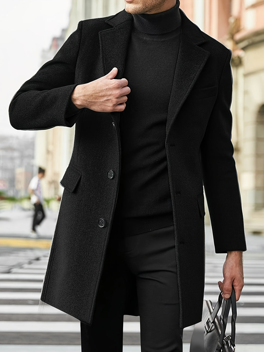 Herren Moderner Longcoat aus Wollmix mit schmalem Revers, Pattentaschen und schlanker Schnitt Nord Taschen