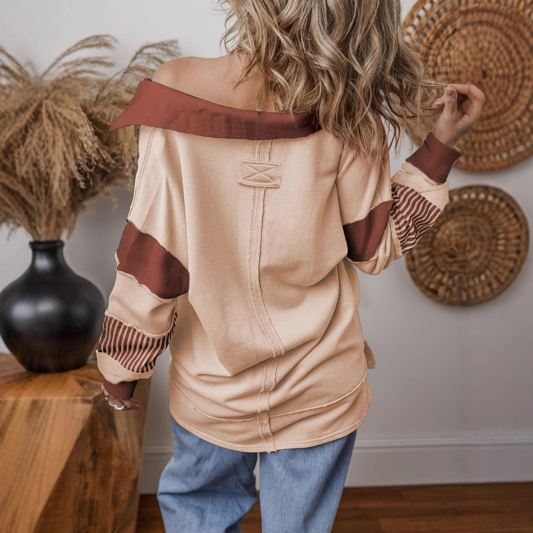 Damen Oversize-Sweatshirt mit tiefem V-Ausschnitt, Streifeninnenkragen und Kontrastärmeln Nord Taschen