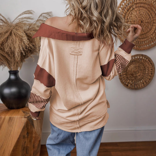 Damen Oversize-Sweatshirt mit tiefem V-Ausschnitt, Streifeninnenkragen und Kontrastärmeln Nord Taschen