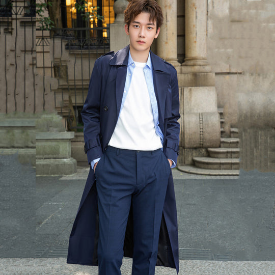 Herren langer doppelreihiger Trenchcoat mit Sturmklappe und D-Ring-Details Nord Taschen