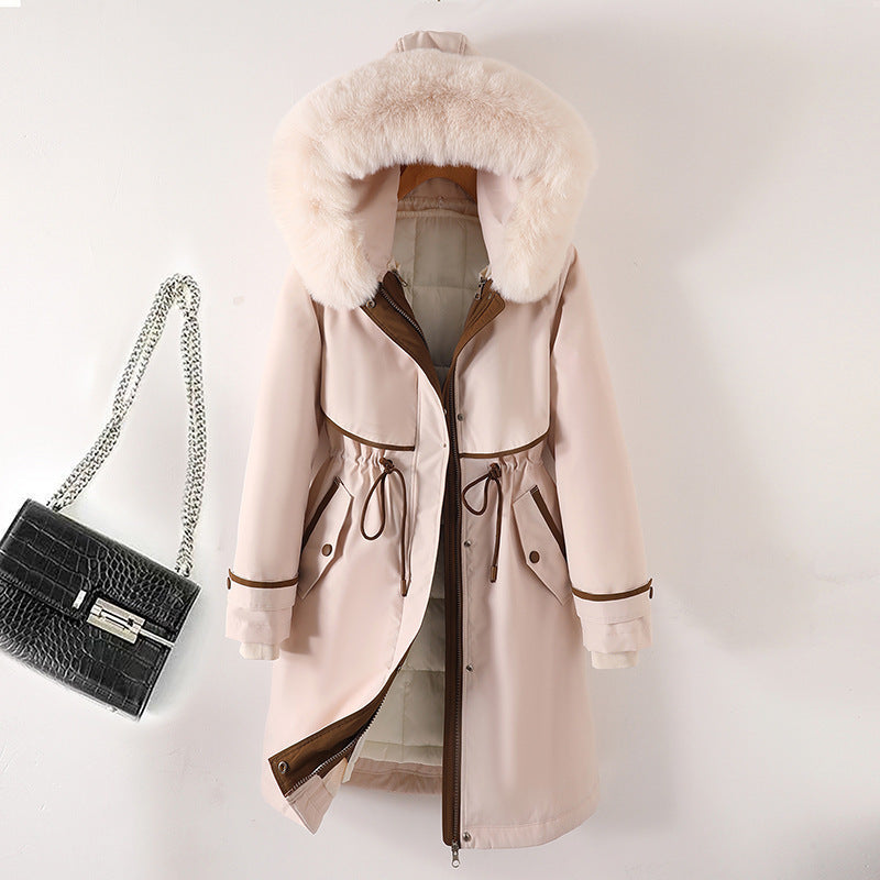 Damen nan langer Parka mit Kunstfellkapuze Taillenzug und kontrastierten Paspeln Nord Taschen