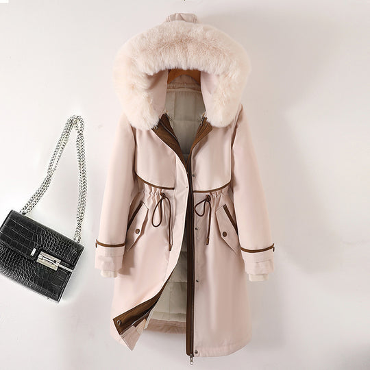 Damen nan langer Parka mit Kunstfellkapuze Taillenzug und kontrastierten Paspeln Nord Taschen