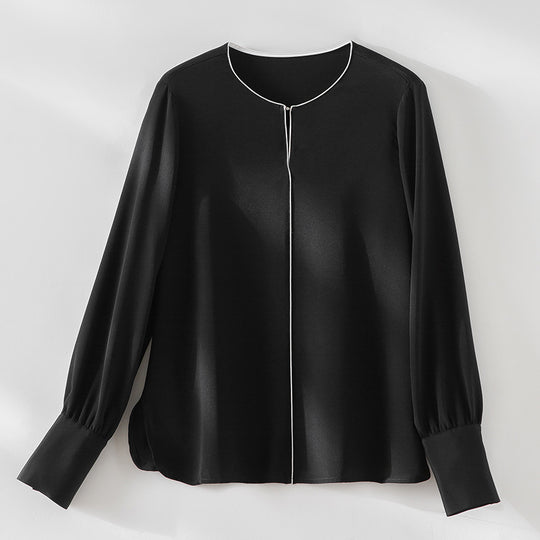 Damen Elegante seidenähnliche Bluse mit Kontrastpaspel und verlängerten Manschetten Nord Taschen