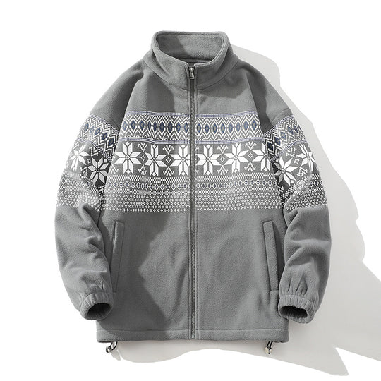 Unisex Norwegermuster-Fleecejacke mit Stehkragen, durchgehendem Reißverschluss und Kordelzug Nord Taschen