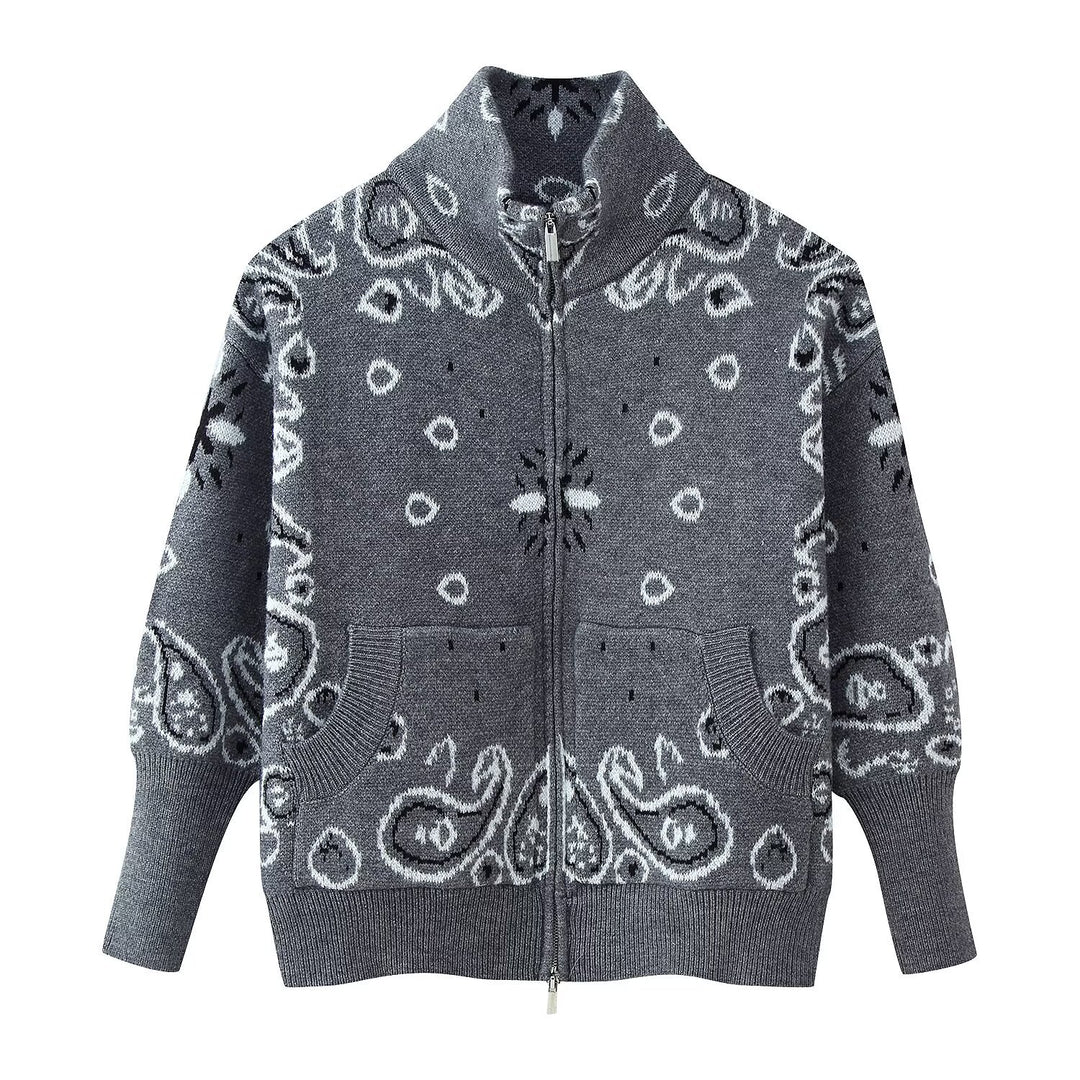 Damen 40+ gemusterte Strickjacke mit Reißverschluss und Stehkragen Nord Taschen